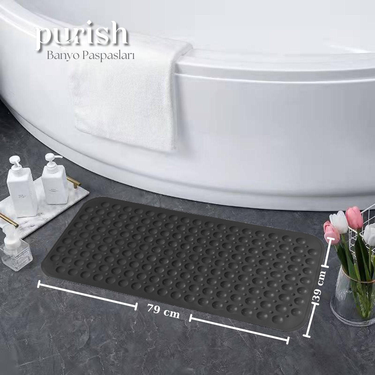 Banyo Paspası, Duş ve Banyo İçin Paspas, Vantuzlu Kaydırmaz, Su Drenajlı, Masaj Noktalı Siyah Paspas 79x39 cm - Herseyben.de
