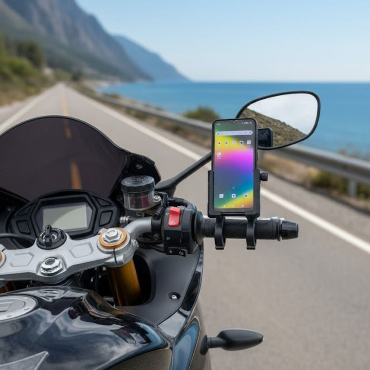 Evrensel Motosiklet Telefon Tutucu – Kaymaz, Kilitlenebilir Güvenli Tutuşlu, 360° Ayarlanabilir Gidon Bağlantılı Akıllı Telefon Aparatı