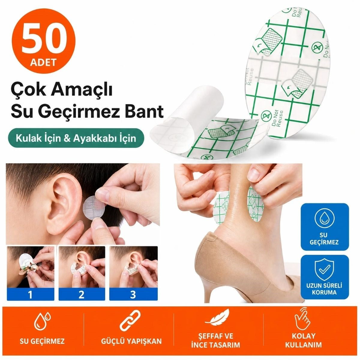 BUFFER 50 Adet Su Geçirmez Kulak Bandı ve Ayakkabı Vurma Önleyici Bant Seti, Çok Amaçlı Koruyucu Yapışkan Bant