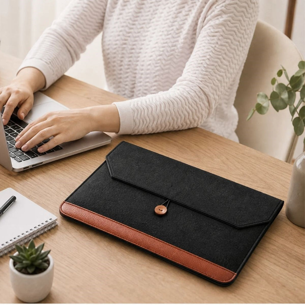 15.6 İnç Düğmeli Keçe Laptop ve Evrak Çantası, Notebook Bilgisayar ve Dosya Taşıma Çantası