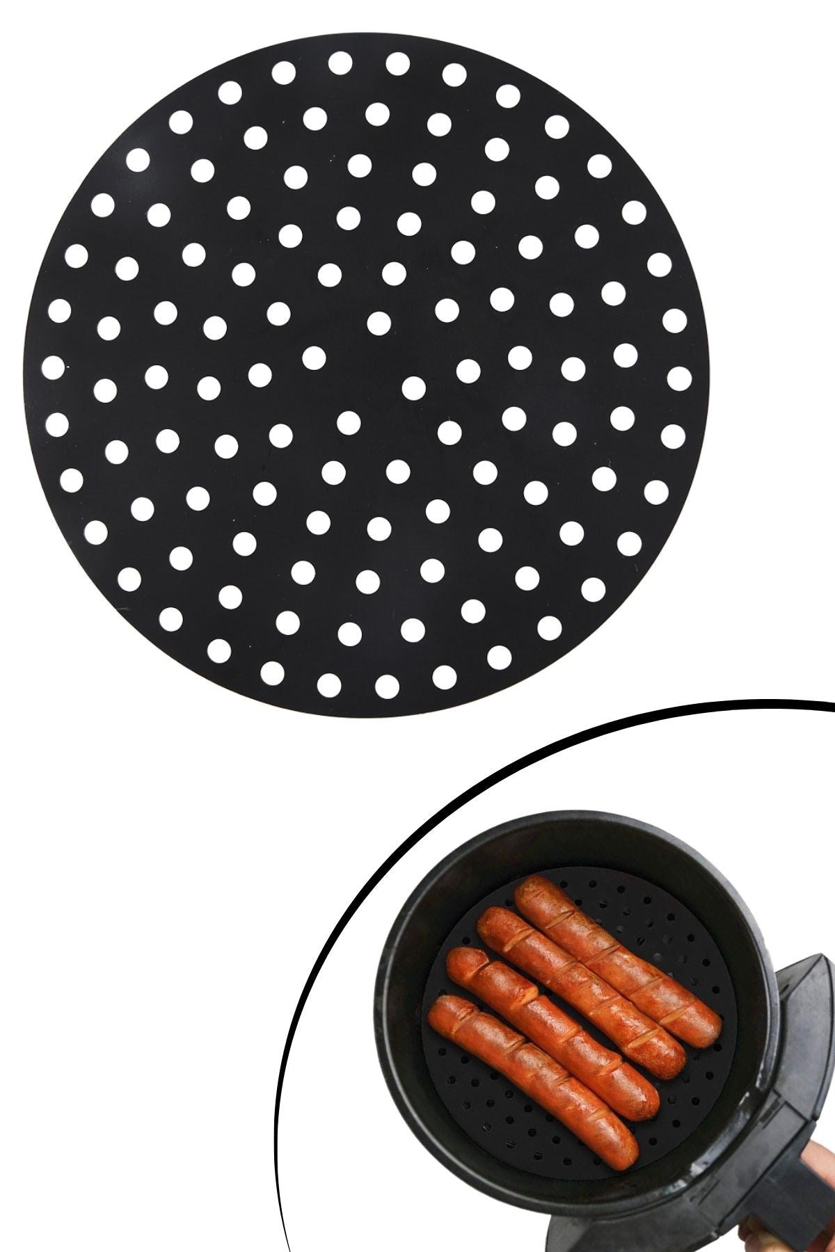 Siyah Isıya Dayanıklı Yıkanılabilir Silikon Fırın Ve Airfryer Yuvarlak Model Pişirme Matı 23 Cm