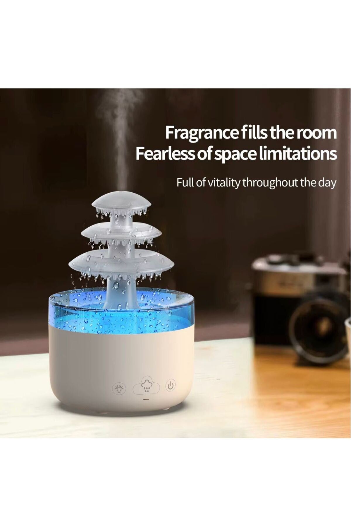 3 Katlı Şelale YAĞMUR Tasarımlı Ultrasonik Aroma Difüzör – 6 Renk LED Işıklı Hava Nemlendirici