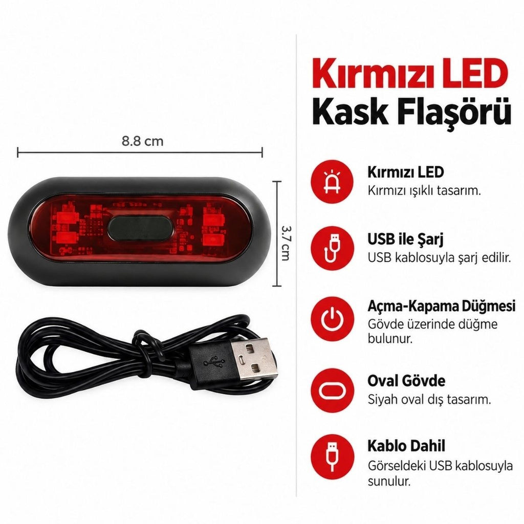 USB Şarjlı Kırmızı LED Kask Flaşörü, Açma Kapama Düğmeli Siyah Oval Gövde, USB Kablolu 8,8 x 3,7 cm Kask Aydınlatma Işığı