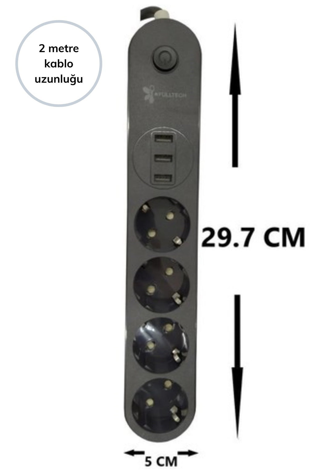 4lü Siyah Anahtarlı 3 USB Li Akım Korumalı Topraklı Çocuk Korumalı Grup Priz 2 Metre