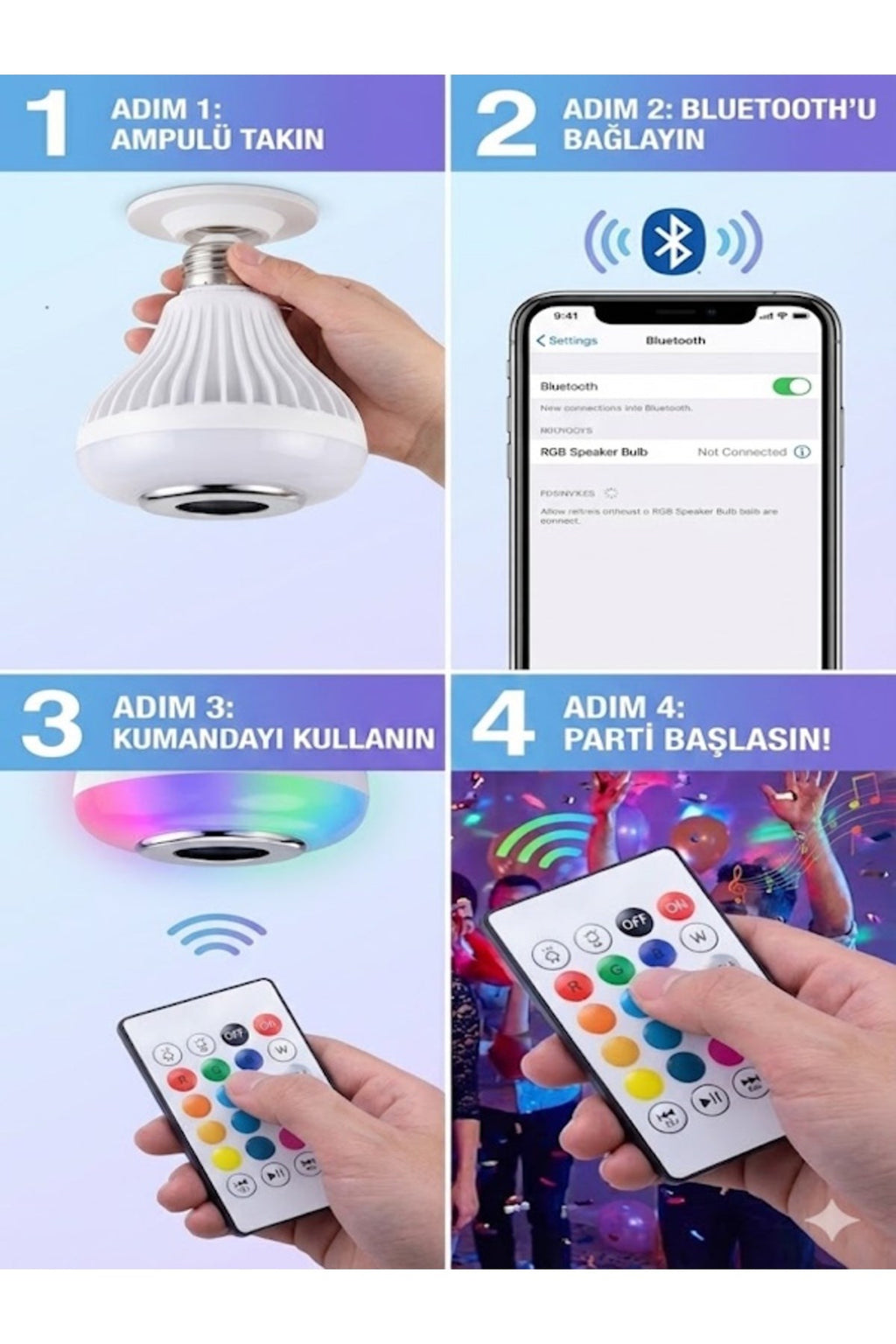 Bluetooth RGB LED Hoparlörlü Akıllı Ampul - Renkli Müzikli Lamba ve Kumanda