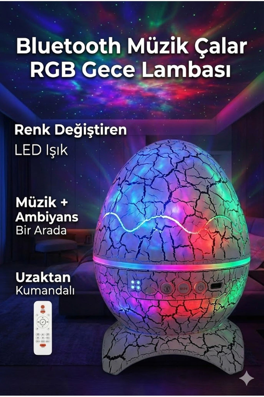 Bluetooth Hoparlörlü RGB Gece Lambası – Dinazor yumurtası Işıklı, Uzaktan Kumandalı Dekor Lamba