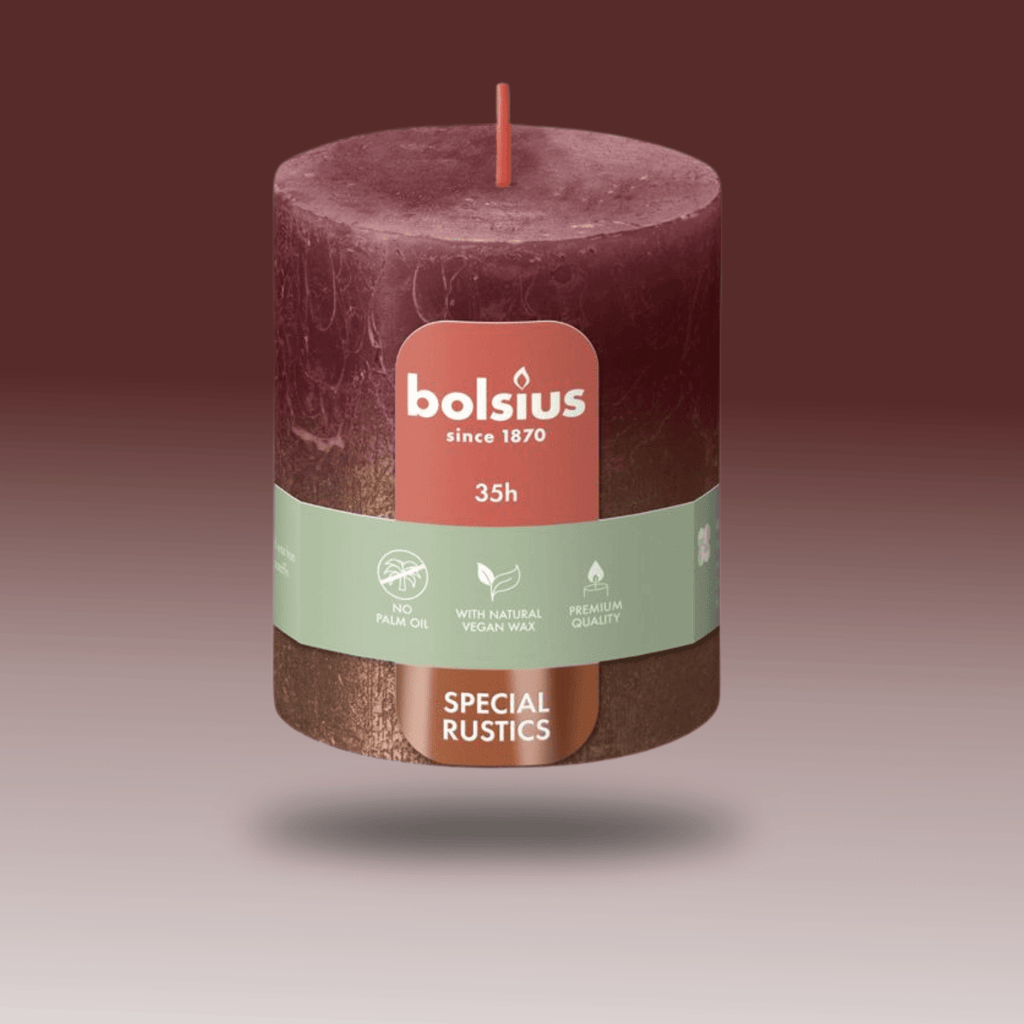 Bolsius Rustik Blok Sütun Mum - Silindir Şeklinde - Kadife Kırmızısı ve Bakır Renkli - 35 Saat Uzun Yanma Süresi - Ev Dekorasyonu - Kokusuz - Doğal Vegan Özler - 6,6 cm - 8 cm - Herseyben.de