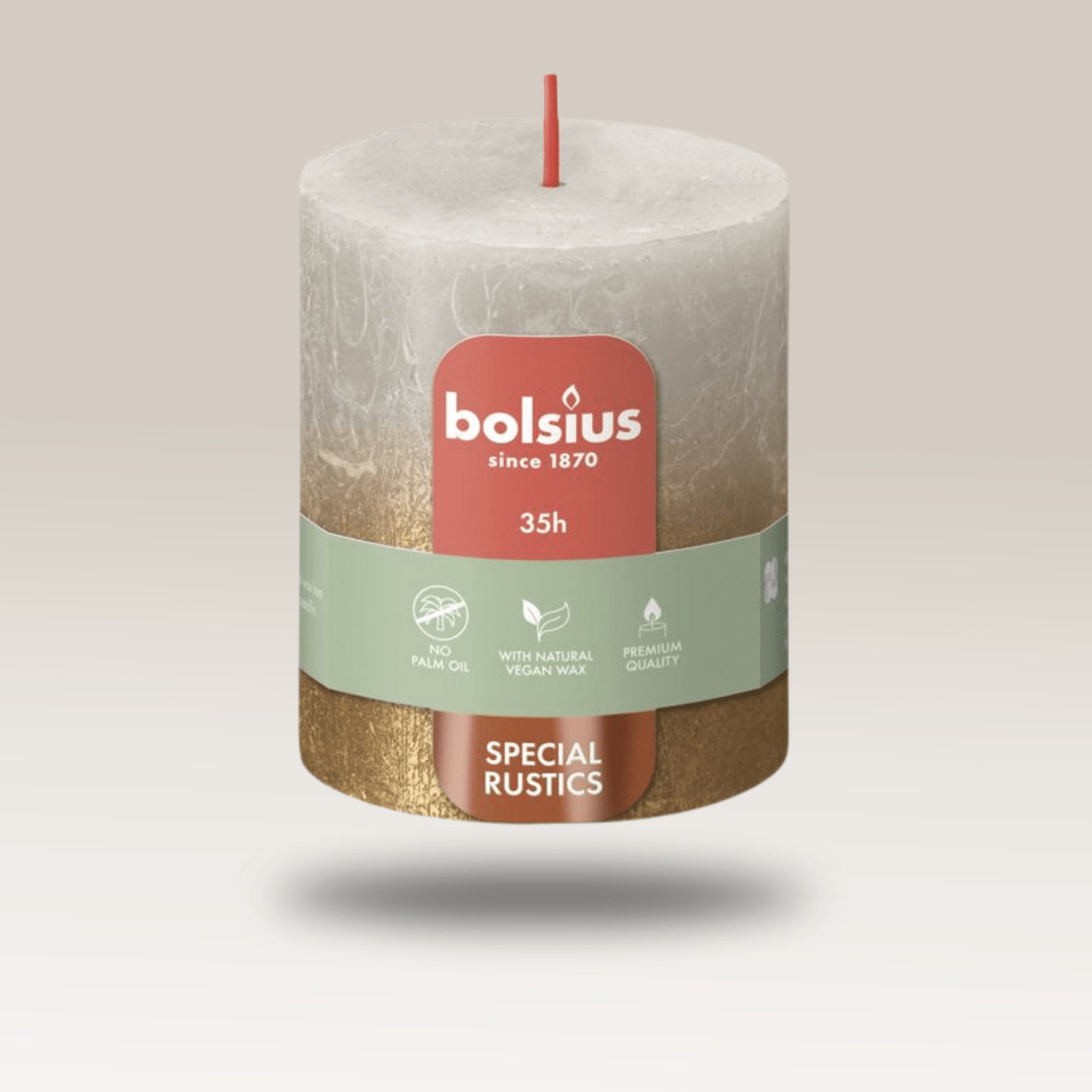 Bolsius Rustik Blok Sütun Mum - Silindir Şeklinde - Kumlu Gri ve Altıni Renkli - 35 Saat Uzun Yanma Süresi - Ev Dekorasyonu - Kokusuz - Doğal Vegan Özler - 6,6 cm - 8 cm - Herseyben.de
