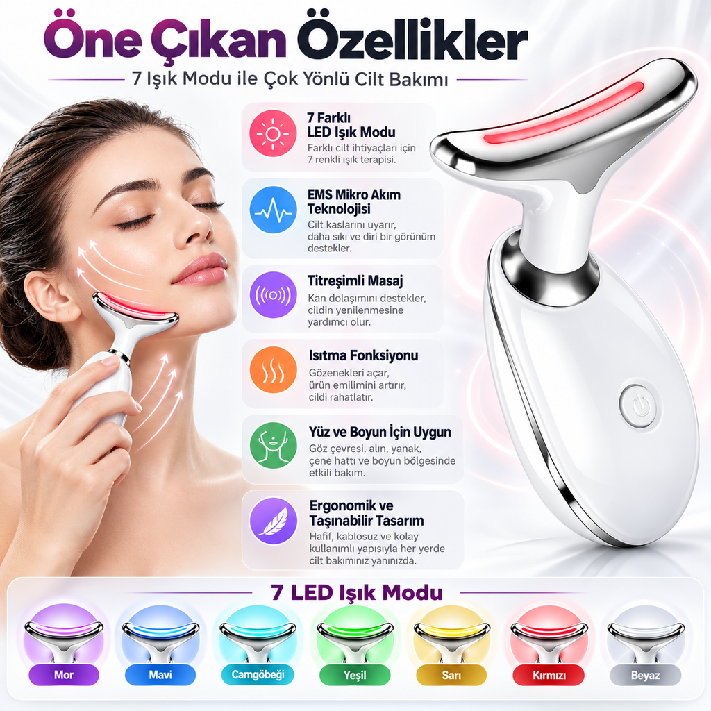 BUFFER 7 renk LED EMS yüz ve boyun bakım cihazı özellikleri