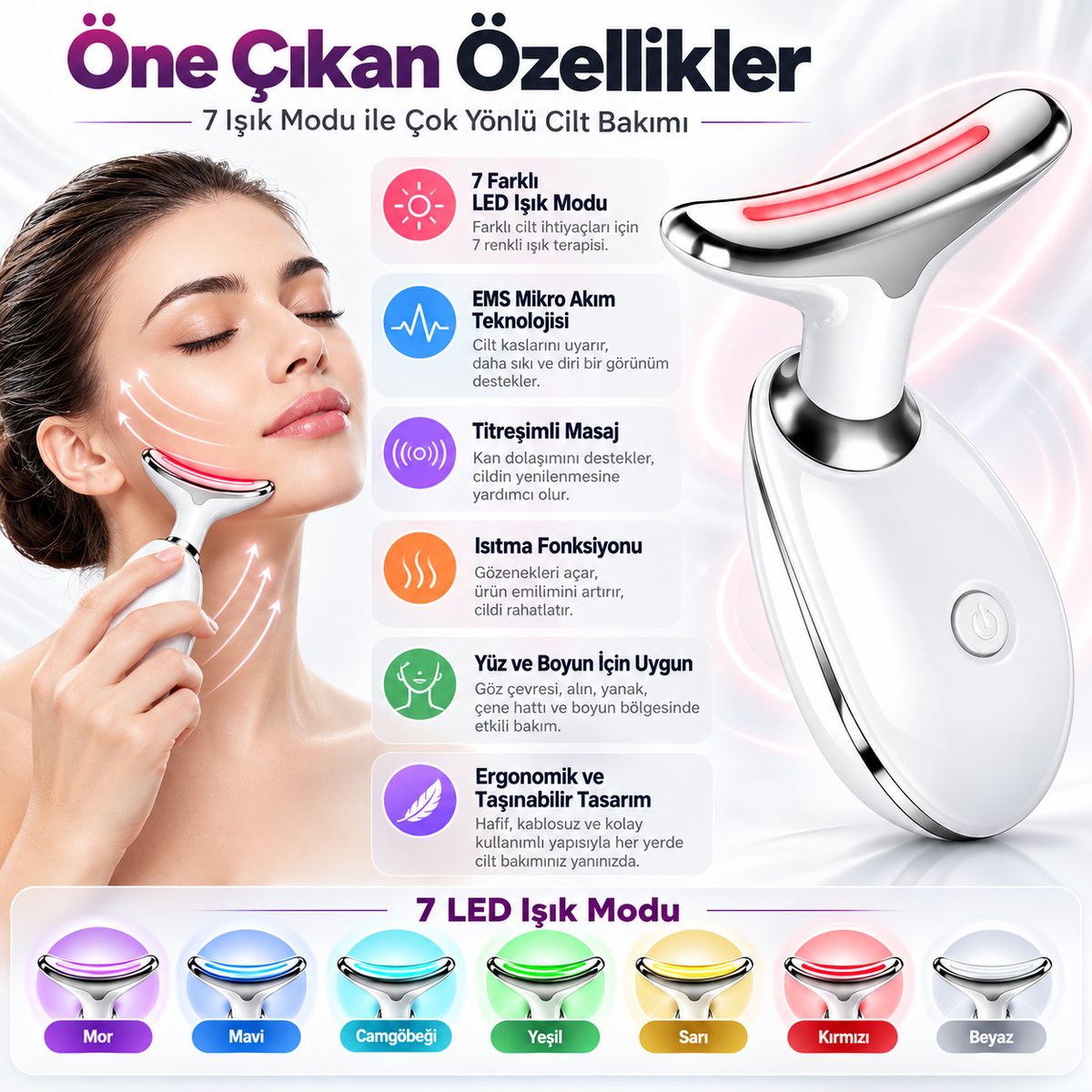 BUFFER 7 renk LED EMS yüz ve boyun bakım cihazı özellikleri