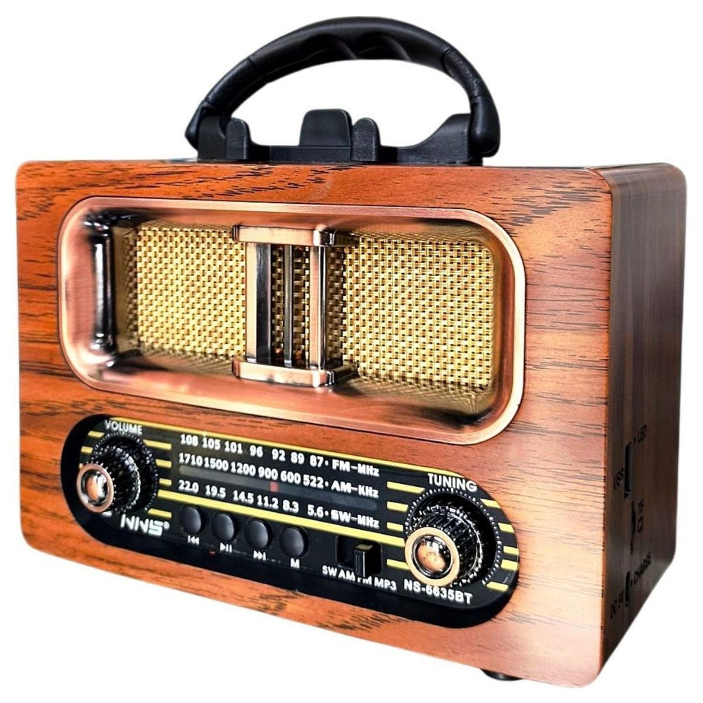 Büyük Boy Retro, Nostaljik, Ahşap Tasarım Bluetooth Hoparlörlü, Şarjlı, Taşınabilir FM/AM Destekli Radyo NS-6635