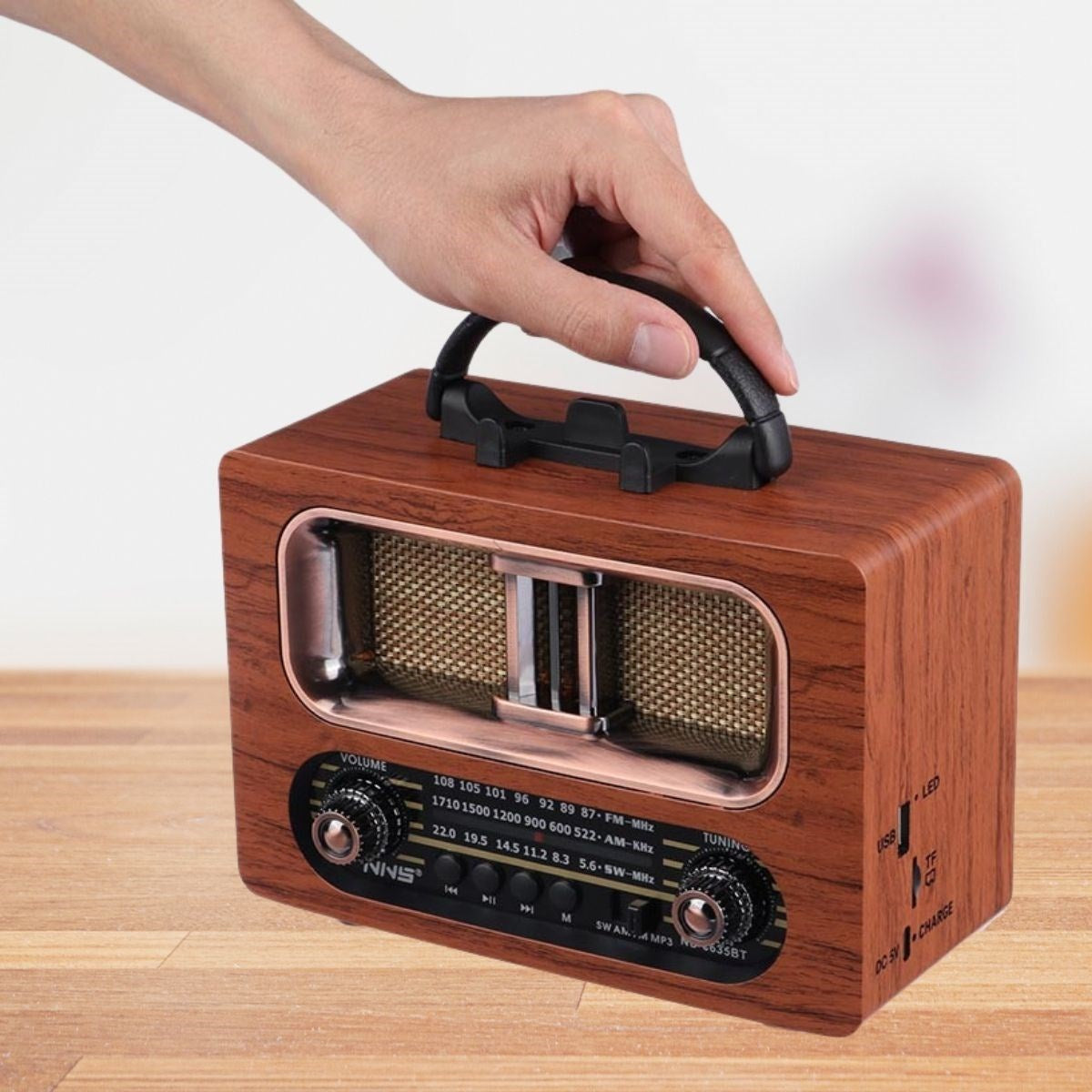 Büyük Boy Retro, Nostaljik, Ahşap Tasarım Bluetooth Hoparlörlü, Şarjlı, Taşınabilir FM/AM Destekli Radyo NS-6635
