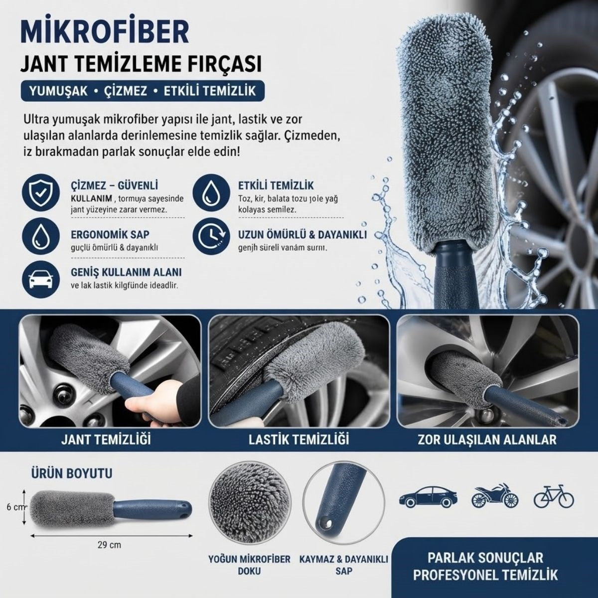 Mikrofiber Jant Temizleme Fırçası Yumuşak Çizmez Saplı Araba Motosiklet Lastik Yıkama Bakım Süngeri