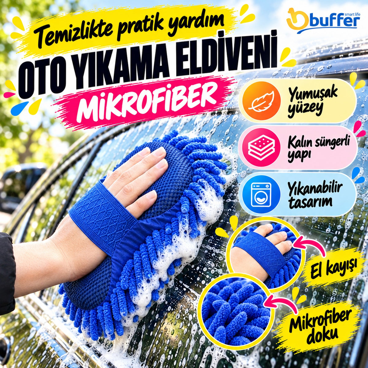 Mikrofiber Oto Yıkama Eldiveni – Kalın Süngerli Araç Temizleme Bezi, Araba Yıkama Eldiveni