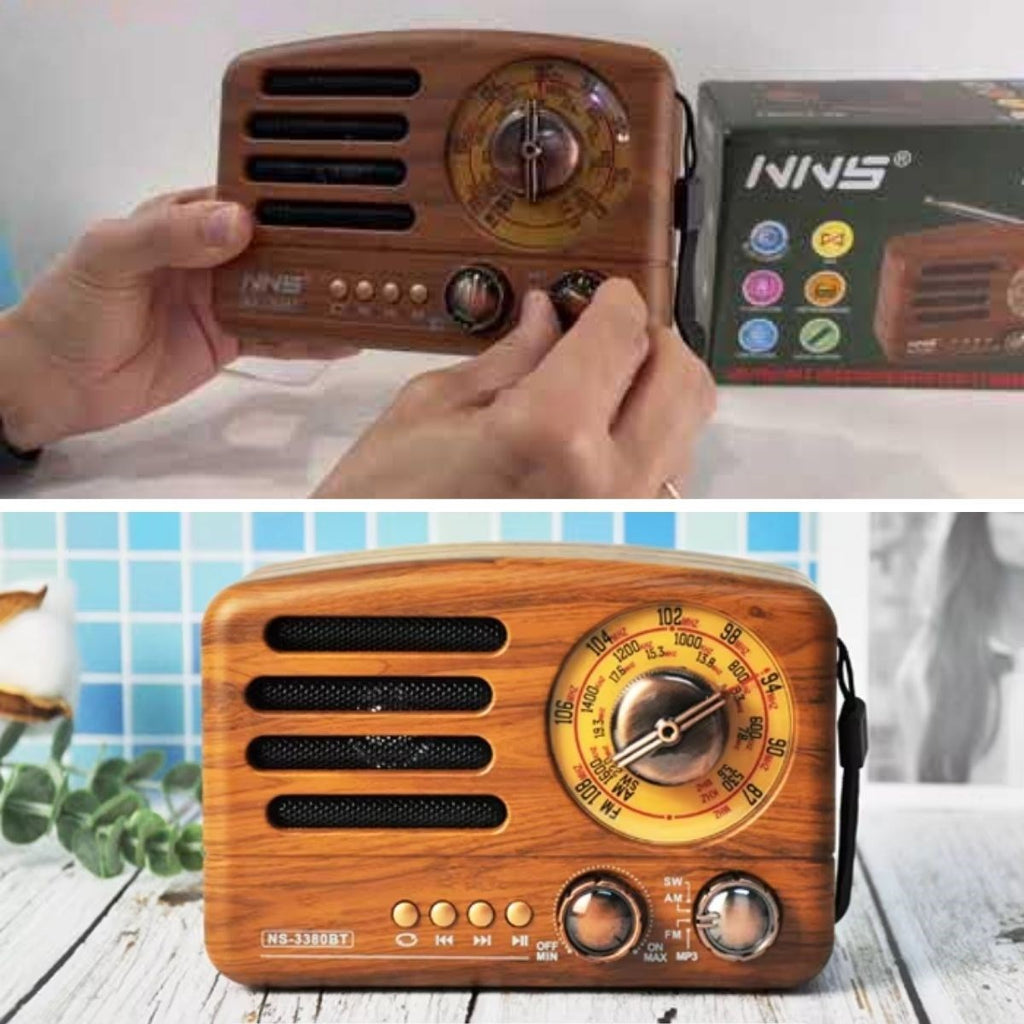 Küçük Boy Retro, Nostaljik, Ahşap Tasarım Bluetooth Hoparlörlü, Şarjlı, Taşınabilir Büyük Döndürülebilen Düğmeli FM/AM Destekli Radyo NS3380