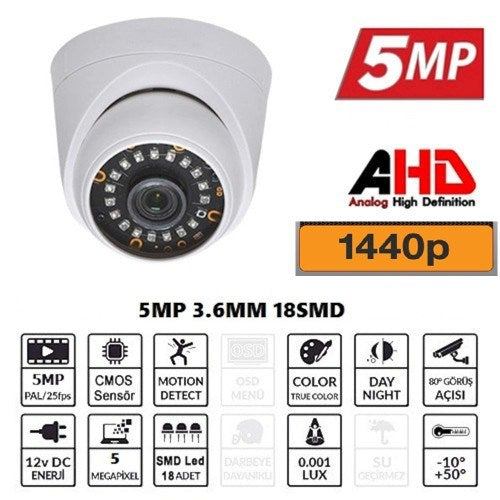 5MP AHD IR CAM 3.6MM 18 SMD LED 1440P Dome Güvenlik Kamerası