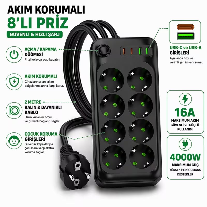 Akım Korumalı Priz (6'lı, 8'li, 10'lu Seçenekler) 4000W 16A USB-C ve USB-A Hızlı Şarjlı 2 Metre Kablolu Çoklu Priz