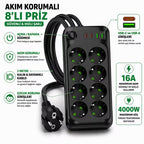 Akım Korumalı Priz (6'lı, 8'li, 10'lu Seçenekler) 4000W 16A USB-C ve USB-A Hızlı Şarjlı 2 Metre Kablolu Çoklu Priz