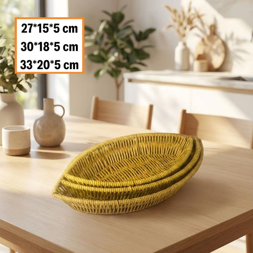 3’lü Kayık Formlu Plastik Rattan Sepet Seti–Hasır Görünümlü Ekmek, Meyve ve Sunum Sepetleri, Çok Amaçlı Masaüstü Organizer