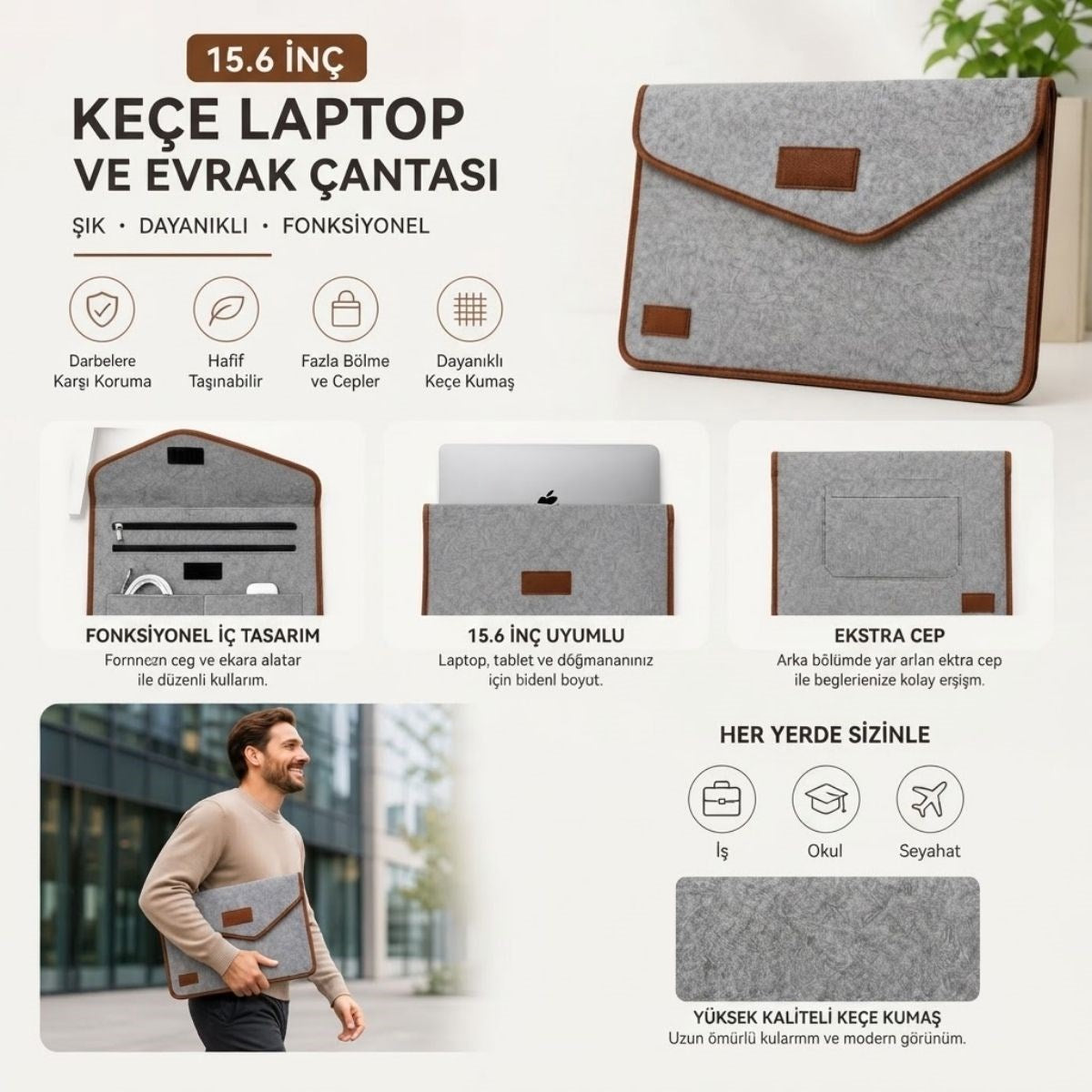 BUFFER 15.6 İnç Gri Cırt Cırtlı Keçe Laptop ve Evrak Çantası, Notebook Bilgisayar ve Dosya Taşıma Çantası