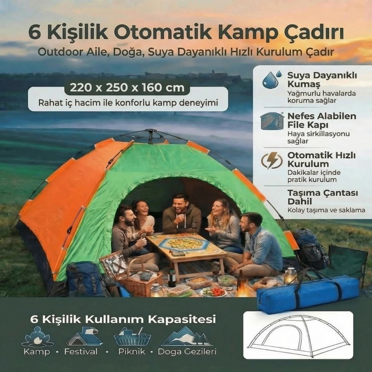 BUFFER 6 Kişilik Otomatik Kurulum Kamp Çadırı – Outdoor Aile, Doğa, Suya Dayanıklı Hızlı Kurulum Çadır 220x250x160 cm