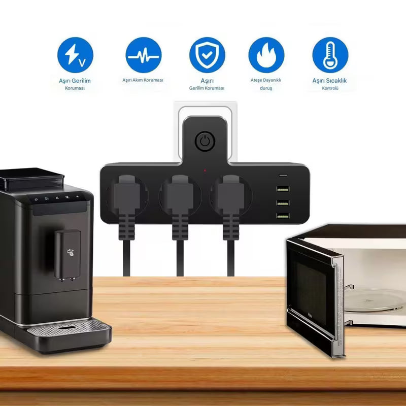 6’sı 1 Arada Akıllı Priz | 3 Soket + USB Girişli Şarj Ünitesi