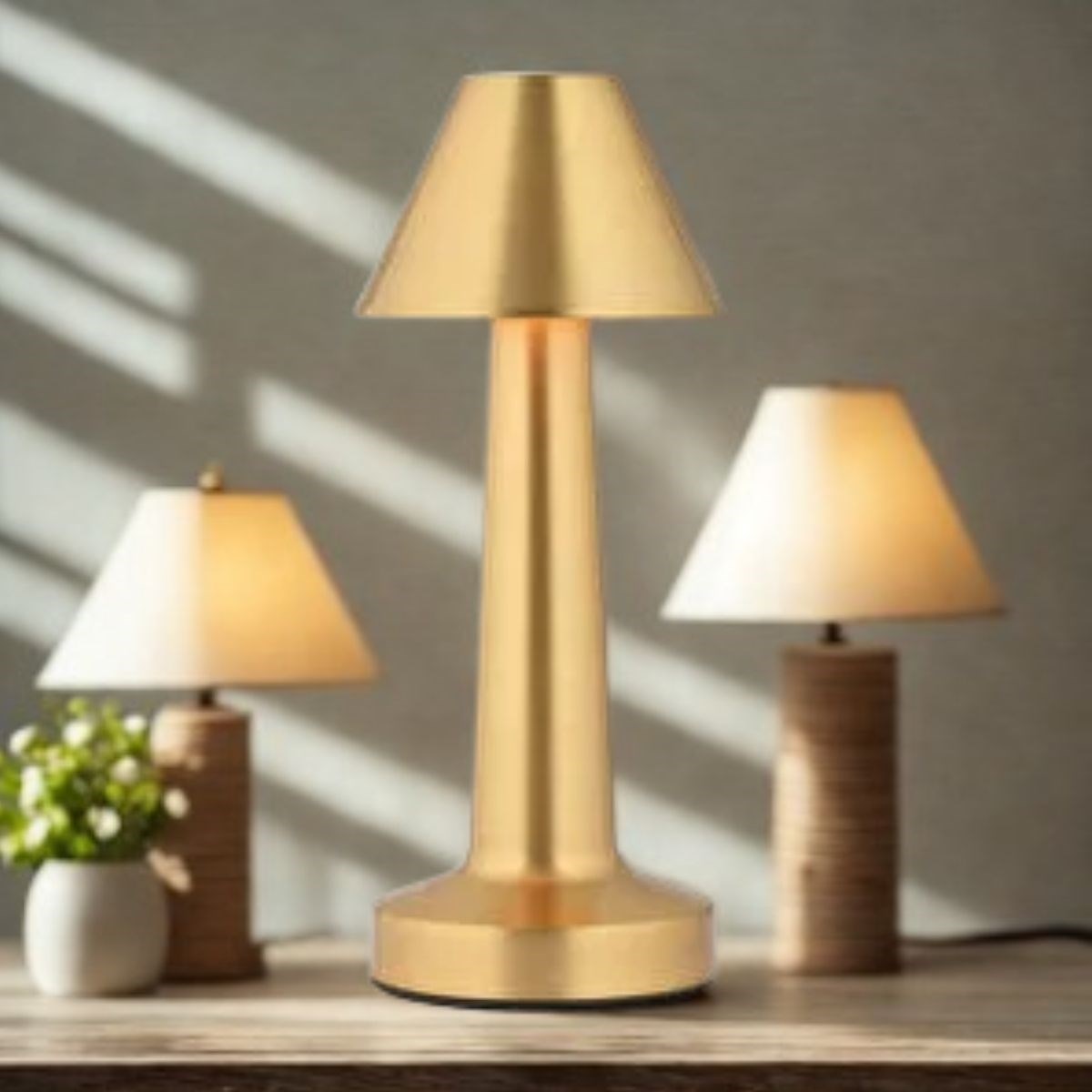 Çatı Model Gold Renk Şarjlı Dokunmatik 3 Renkli LED Masa Lambası