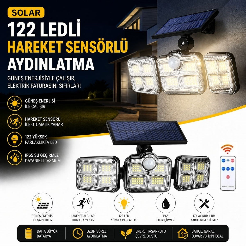 3'lü 122 LEDLİ Güneş Enerjili Hareket Sensörlü Aydınlatma, Dış Mekan Duvar ve Bahçe Lambası Solar LED