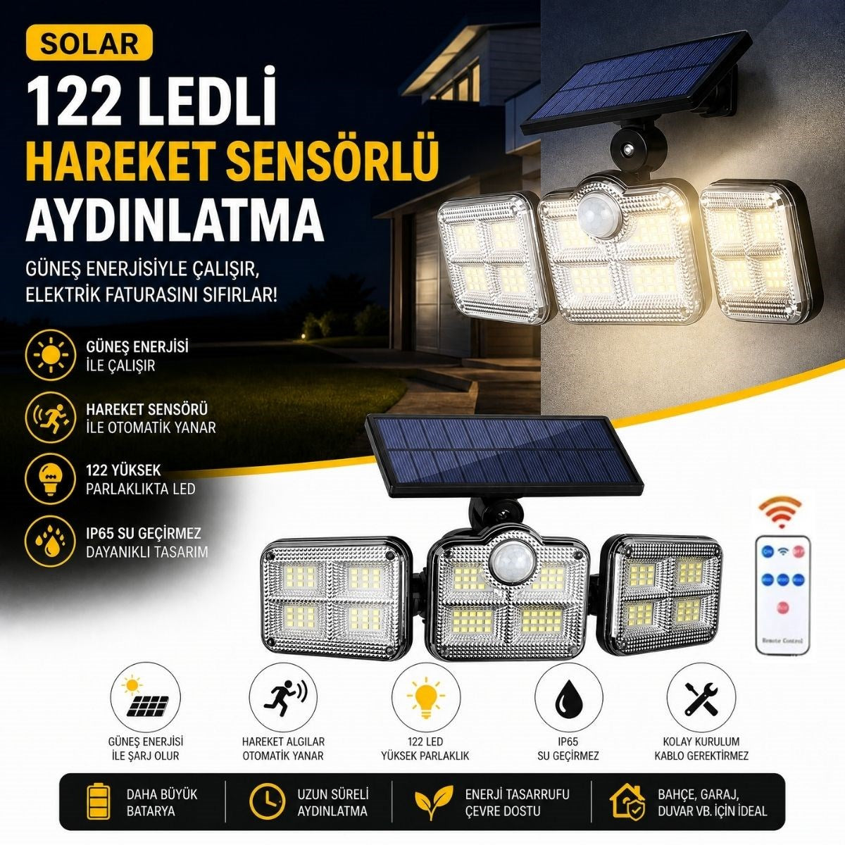 BUFFER 3'lü 122 LEDLİ Güneş Enerjili Hareket Sensörlü Aydınlatma, Dış Mekan Duvar ve Bahçe Lambası Solar LED