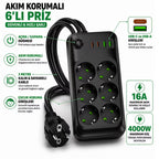 Akım Korumalı Priz (6'lı, 8'li, 10'lu Seçenekler) 4000W 16A USB-C ve USB-A Hızlı Şarjlı 2 Metre Kablolu Çoklu Priz