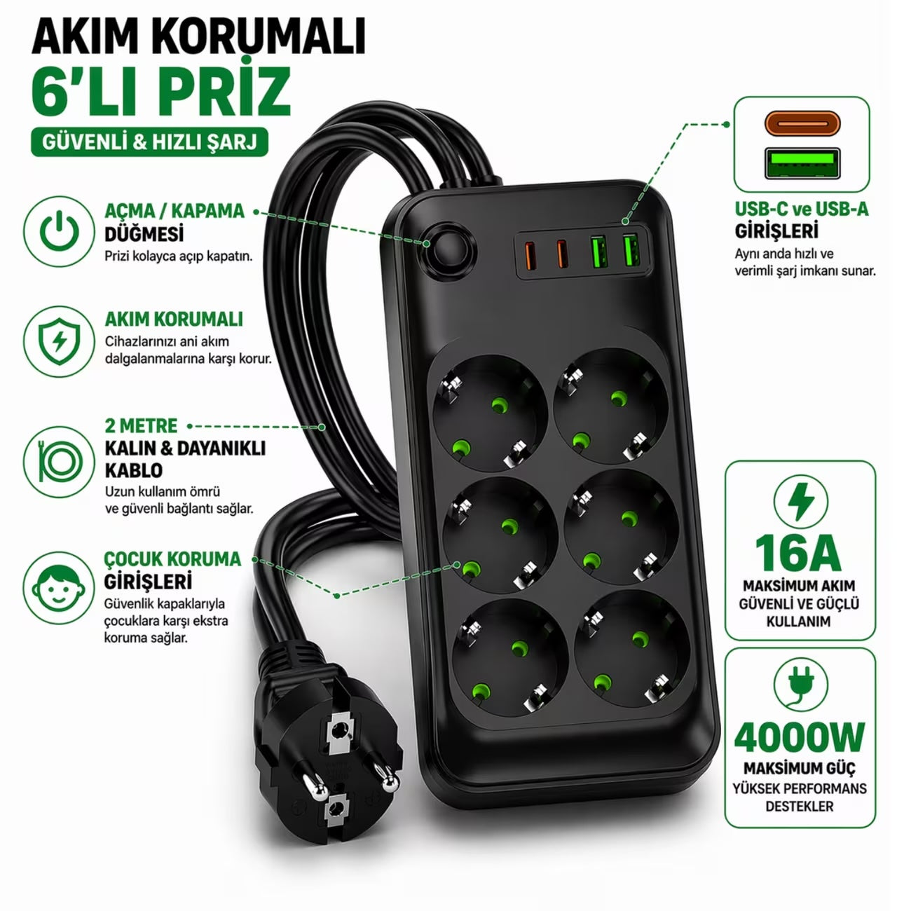 Akım Korumalı Priz (6'lı, 8'li, 10'lu Seçenekler) 4000W 16A USB-C ve USB-A Hızlı Şarjlı 2 Metre Kablolu Çoklu Priz