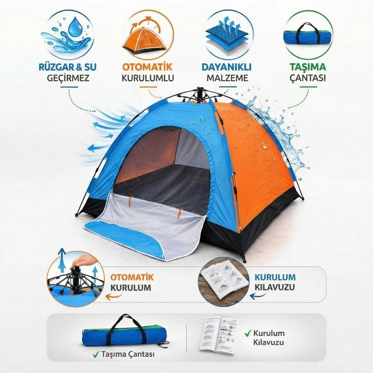 BUFFER 6 Kişilik Otomatik Kurulum Kamp Çadırı – Outdoor Aile, Doğa, Suya Dayanıklı Hızlı Kurulum Çadır 220x250x160 cm