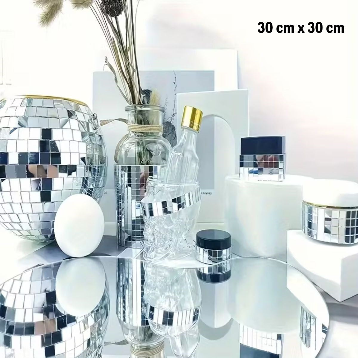 Kare Silver Cam Mozaik Fayans Çıkartmaları El İşi Kare Cam Fayans Kendinden Yapışkanlı Aynalı Dekor Panel 30x30 Cm
