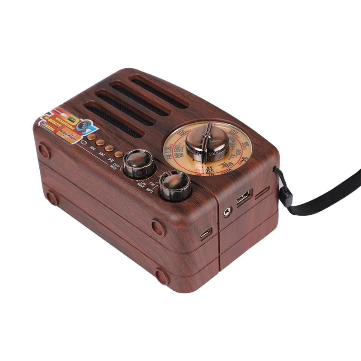 Küçük Boy Retro, Nostaljik, Ahşap Tasarım Bluetooth Hoparlörlü, Şarjlı, Taşınabilir Büyük Döndürülebilen Düğmeli FM/AM Destekli Radyo NS3380