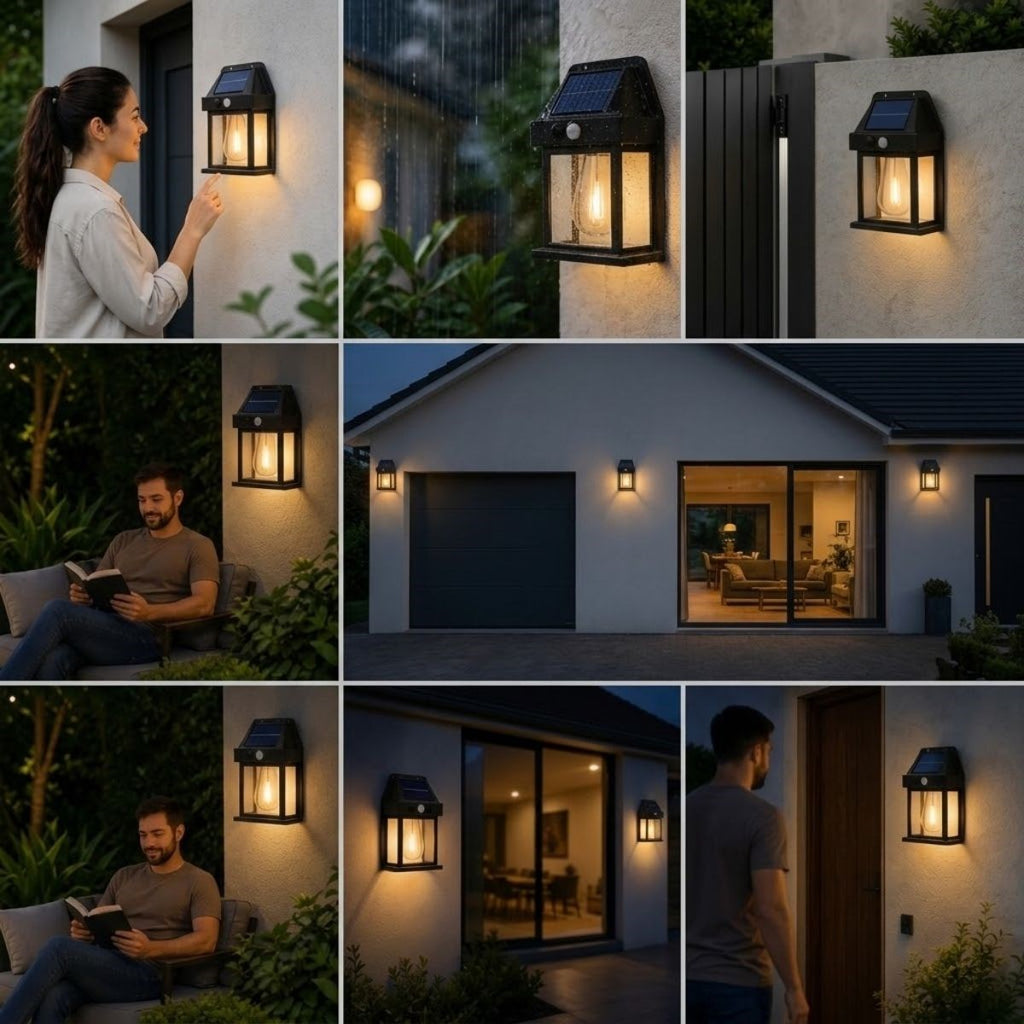 Ampul Model 3 Modlu Solar LED Duvar Lambası, Güneş Enerjili, Şarjlı Kablosuz Dış Mekân Apliği, Bahçe ve Kapı Lambası