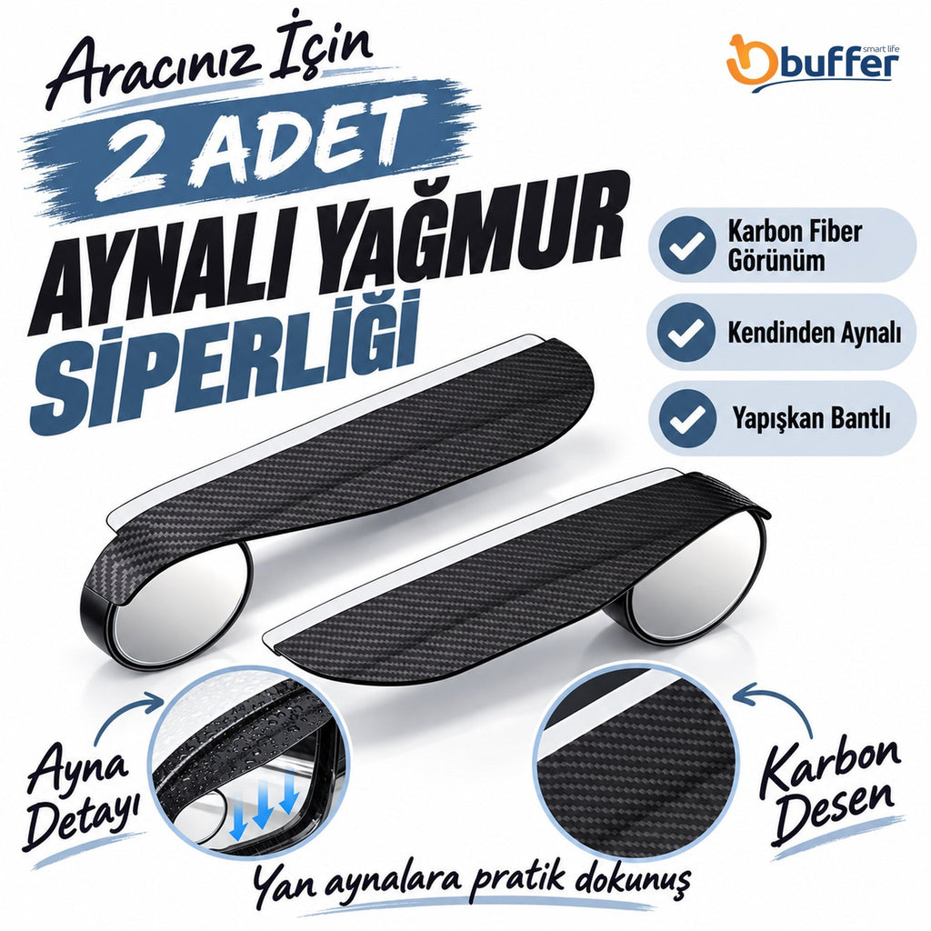 2 Adet Kendinden Aynalı Karbon Fiber Görünümlü Araba Yan Ayna Yağmur Koruyucuları Yağmur & Kar Kalkanı Visörler