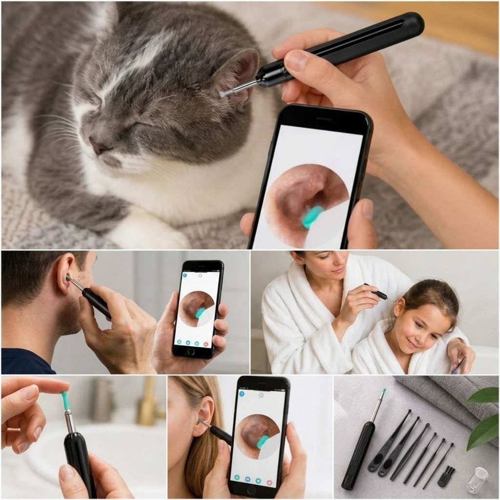 Siyah Kablosuz HD Görüntülü Kulak Temizleme Kamerası, LED Işıklı Type-C Şarjlı iOS ve Android Uyumlu Kulak Temizleme Seti