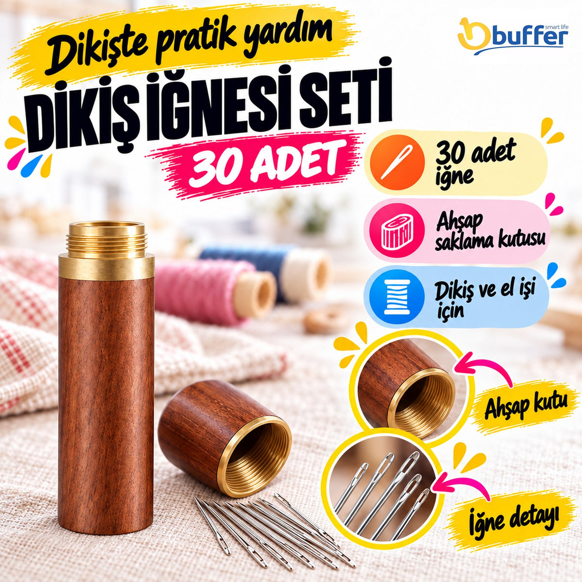 30 Adet İğneli Ahşap Kutulu Dikiş İğne Seti