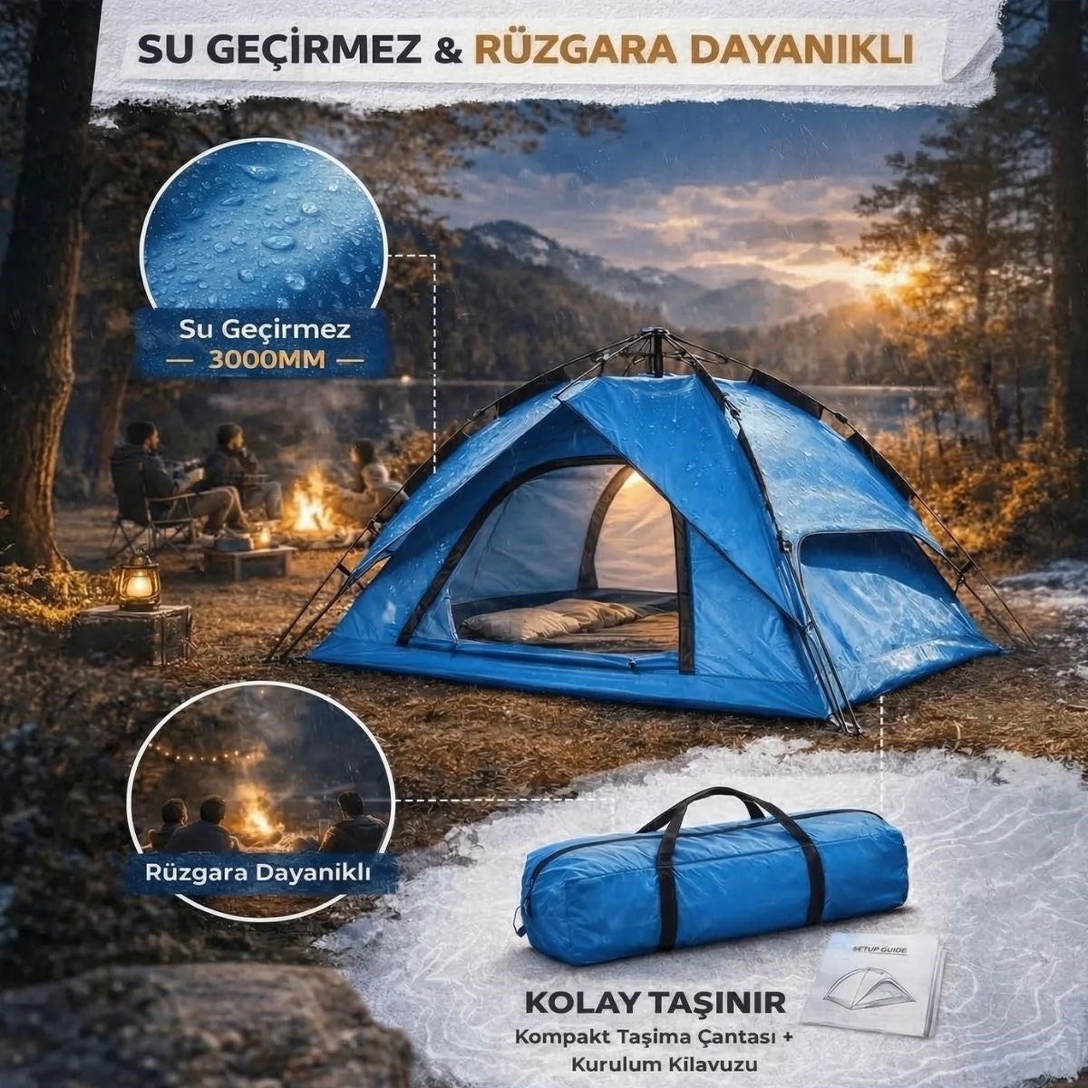 BUFFER 4 Kişilik Otomatik Kamp Çadırı – Çift Katmanlı, Suya Dayanıklı, Hızlı Kurulum Outdoor Aile ve Doğa Çadırı 200x200x140 cm