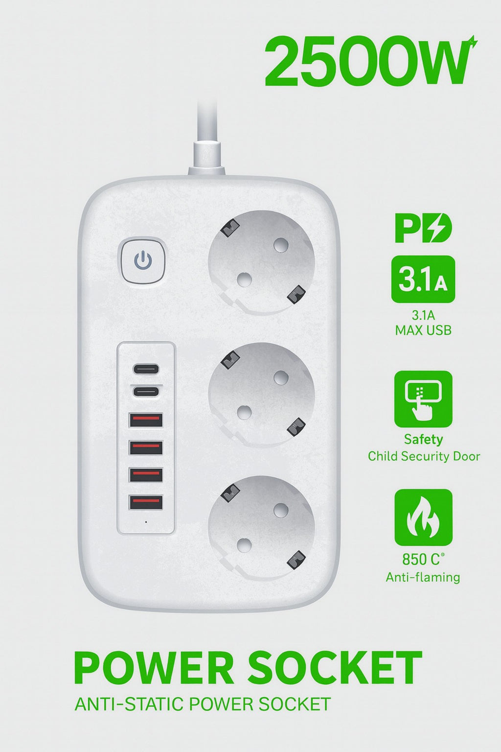 2500W Çoklu Priz 2 METRE – 3’lü AC Priz +5 USB Çıkışı AKIM KORUMALI Alev Almayan Gövde,