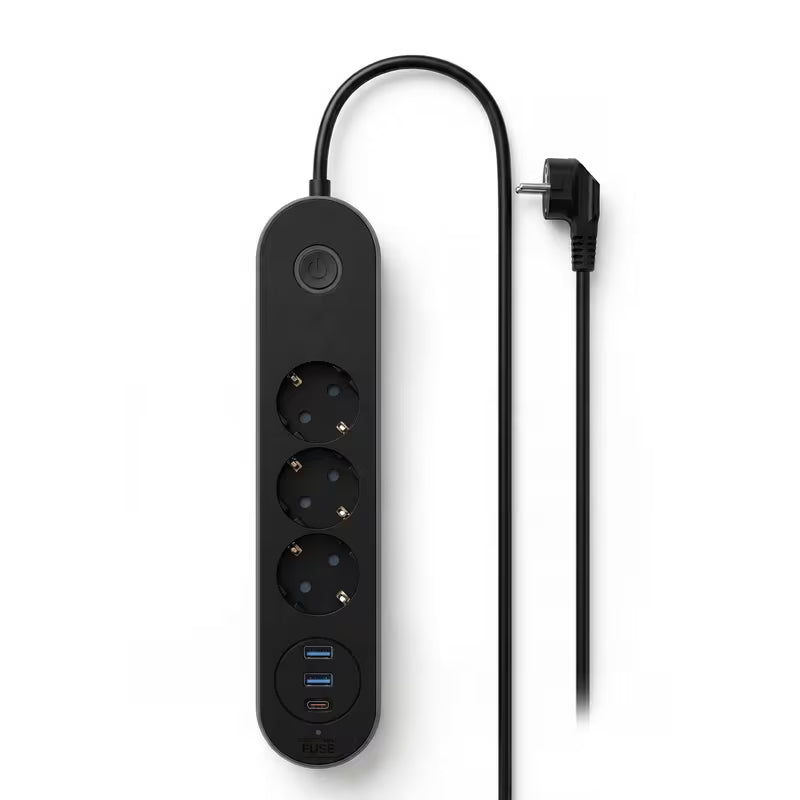 Akım Korumalı Çoklu Priz 2500W – 3 Priz + 2 USB + Type-C Hızlı Şarj – 2 Metre Uzatma Kablosu