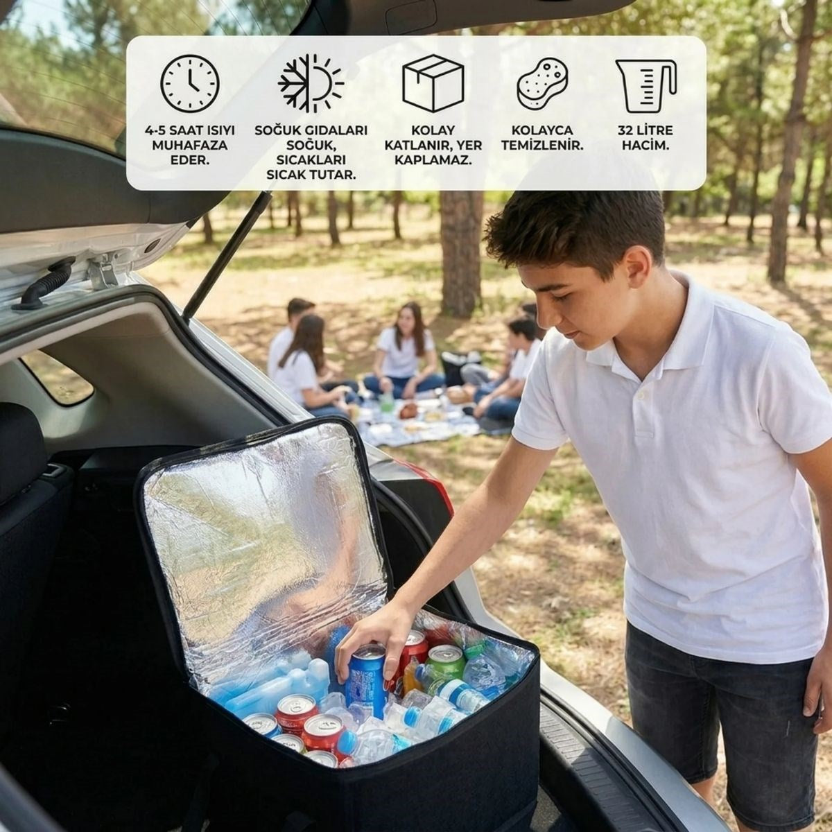 BUFFER Isı Koruyucu Termal Taşıma Çantası 32 Litre – Araç Bagaj Organizeri, Termos, Katlanabilir Keçe Saklama Çantası 37x27x25 cm