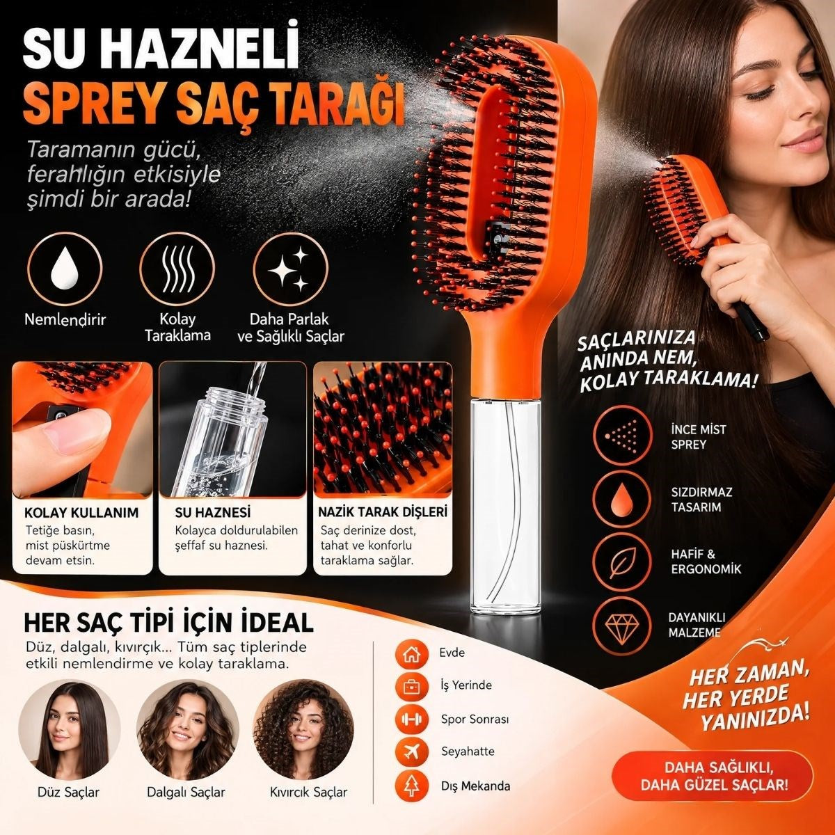 Su Hazneli Spreyli Saç Fırçası, Oval Başlıklı Yuvarlatılmış Uçlu Tarama Dişleri, Şeffaf Hazneli Saç Tarama ve Şekillendirme Fırçası