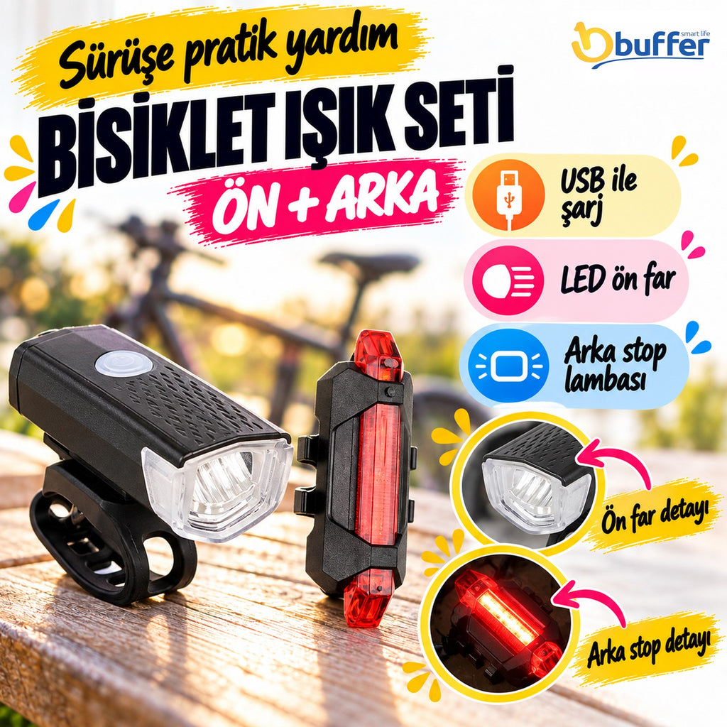 BUFFER Bisiklet Işık Seti – USB Şarjlı LED Ön Far + Arka Stop Lambası, Su Geçirmez Bisiklet Aydınlatma Seti