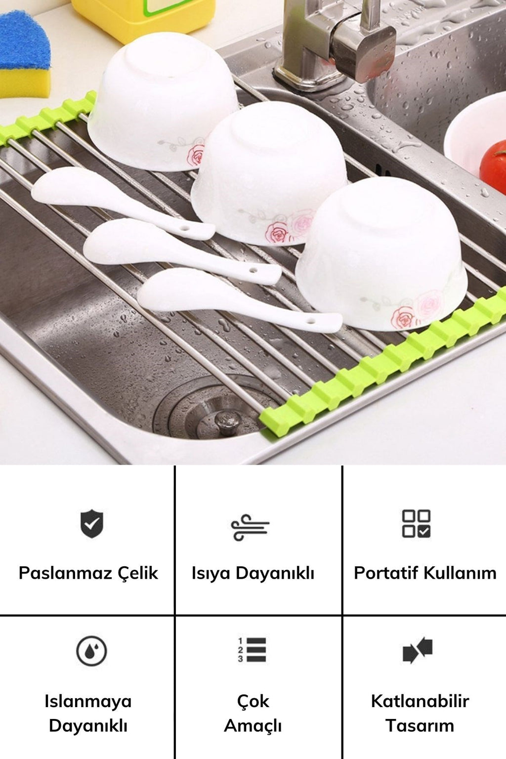 BUFFER Evye Üstü Katlanır Nihale Paslanmaz Çelik Pratik Sebze Meyve Bulaşık Kurutma Süzgeci