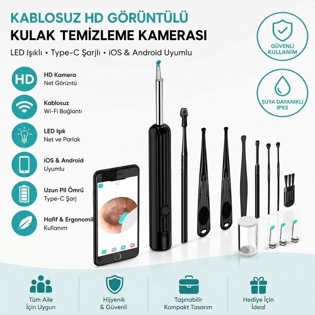 BUFFER Siyah Kablosuz HD Görüntülü Kulak Temizleme Kamerası, LED Işıklı Type-C Şarjlı iOS ve Android Uyumlu Kulak Temizleme Seti