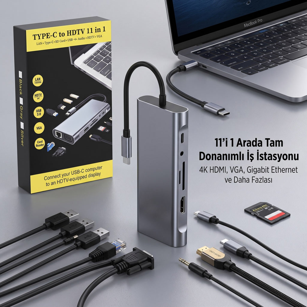 BUFFER 11 in 1 Type-C Çoklayıcı Hub HDMI 4K USB 3.0 SD TF Kart RJ45 Ethernet Dönüştürücü Adaptör