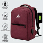 Bordo Laptop Sırt Çantası, Bilgisayar Korumalı İç Bölmeli Notebook Çantası, Organizer Cepli ve USB Şarj Portlu