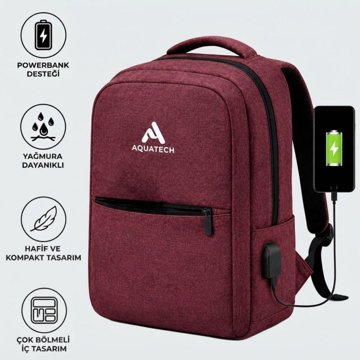 BUFFER Bordo Laptop Sırt Çantası, Bilgisayar Korumalı İç Bölmeli Notebook Çantası, Organizer Cepli ve USB Şarj Portlu