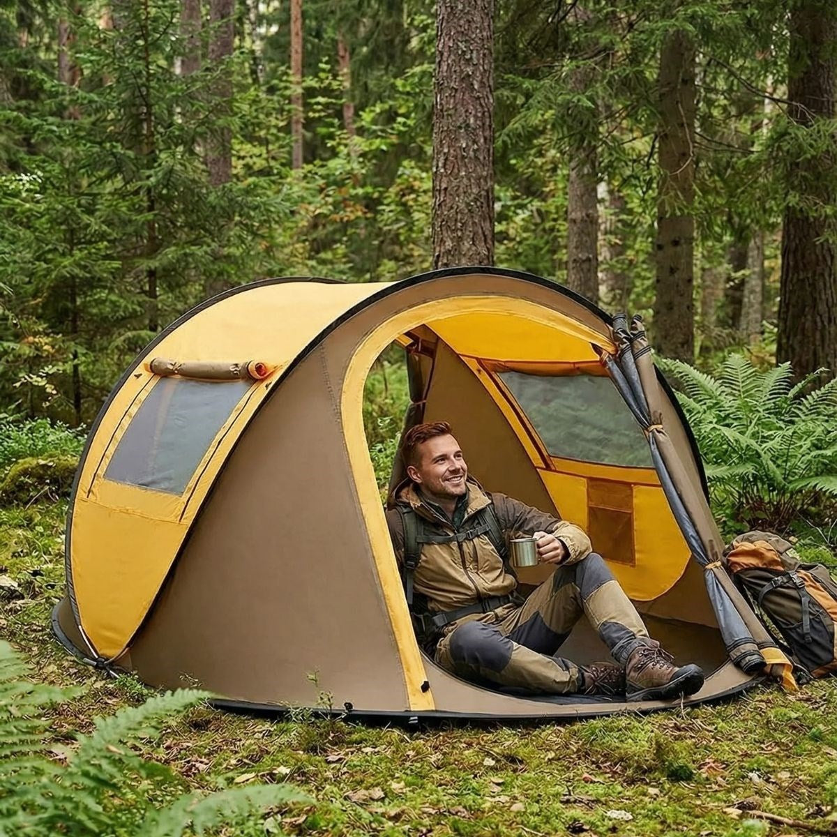 BUFFER 2 Kişilik Vagon Tipi Yarı Otomatik Kamp Çadırı – Çift Kapılı, Çift Pencereli, Hafif Taşınabilir Outdoor Doğa Çadırı 220x120x90 cm
